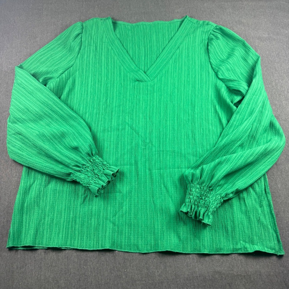 Vibrant Green Textured V-Neck Long‎ Sleeve Blouse Puffed Sleeve Smocked Cuff